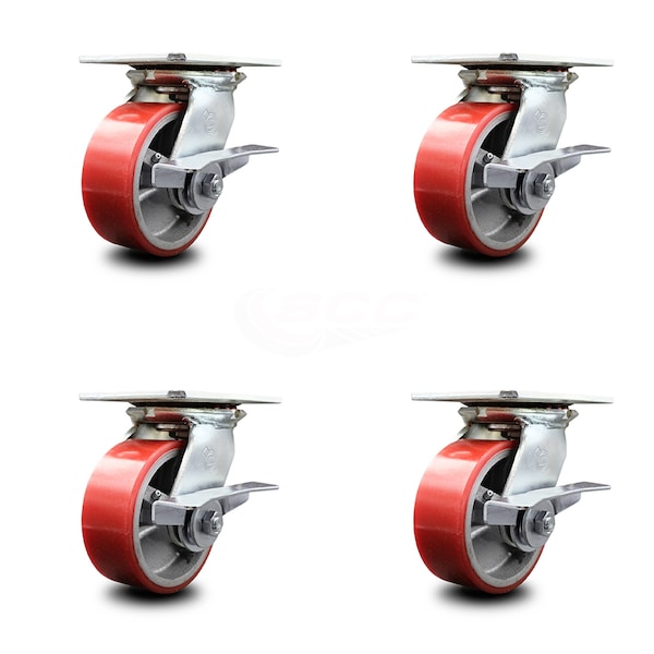 5 Inch Red Poly on Cast Iron Caster Set with Roller Bearing and Brake SCC